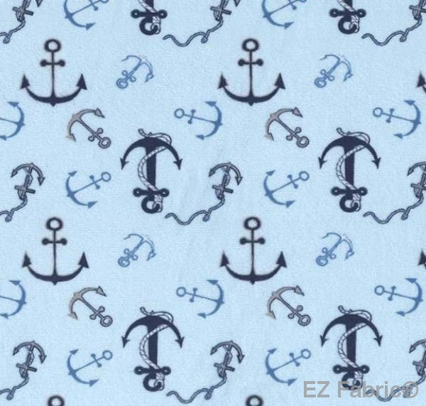 Tossed Anchors Light Blue on Minky by EZ Fabric