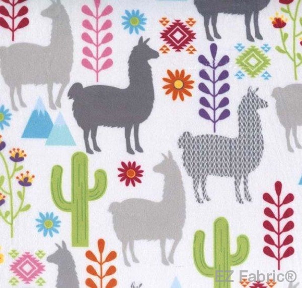 Llama Minky White Print on Minky Fabric by EZ Fabric