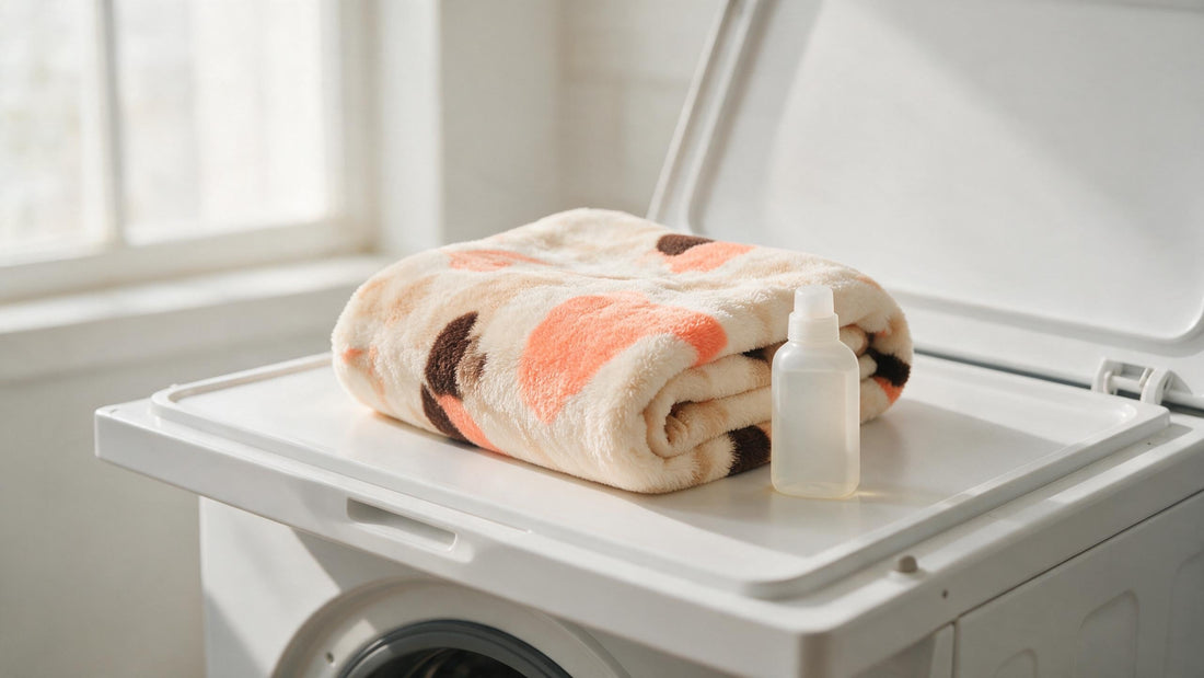 A folded cream minky blanket on the lid of a washing machine next to a bottle of liquid detergent