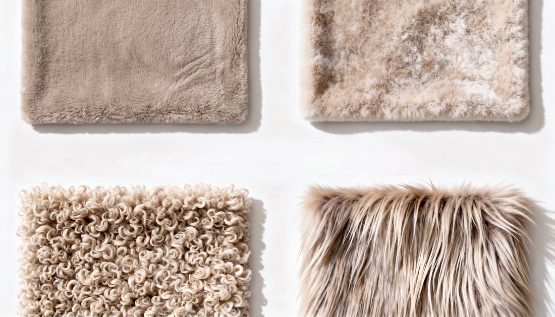Four plush fabric swatches side by side showing cut pile, brushed fleece, curled sherpa and long pile faux fur surfaces