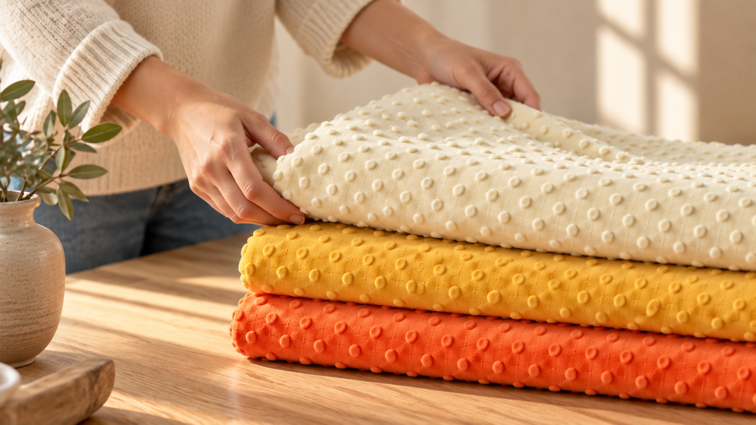Folded stack of solid minky dot fabric in ivory, taupe, camel and gold, showing the raised dot texture