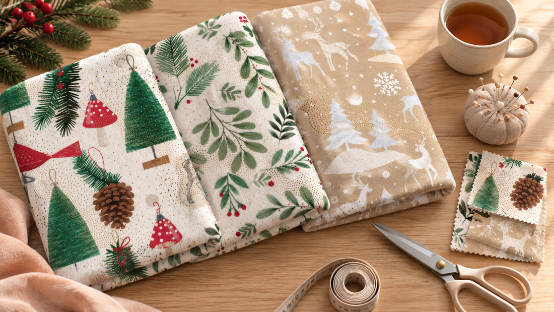 A home sewing table with folded plush fabrics in green, cream and red beside scissors, a ruler and cut squares