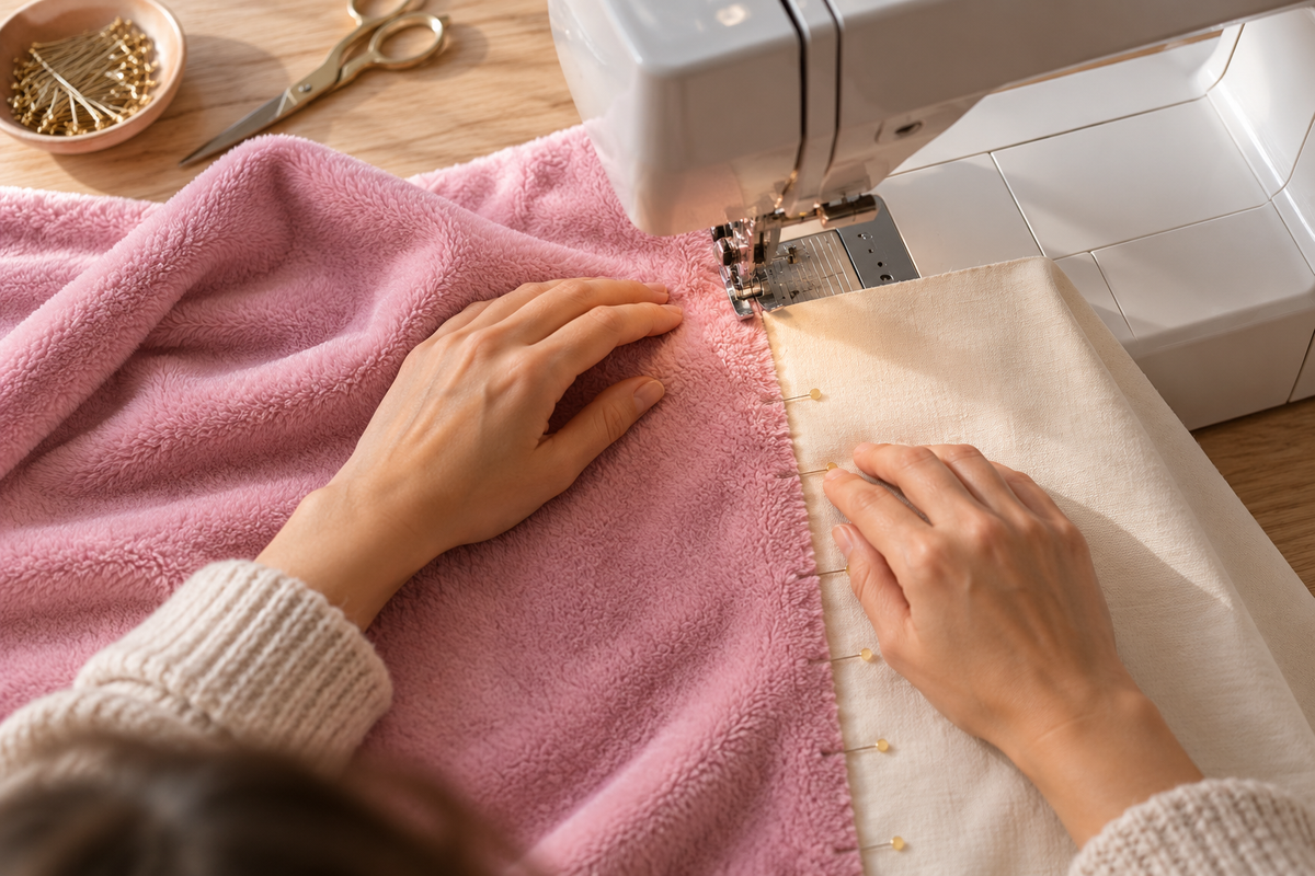 Sewing machine stitching cream cotton on top of dusty rose minky, pinned closely with a walking foot fitted