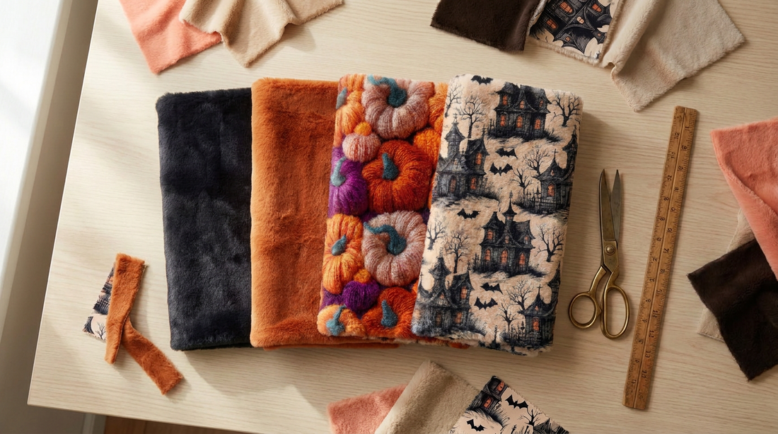 Folded plush Halloween fabric in charcoal, orange, lavender and cream on a wooden work table with shears and a ruler.