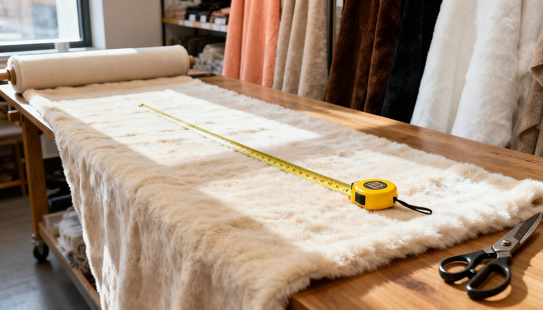 A bolt of cream plush fabric unrolled on a cutting table with a tape measure extended across it