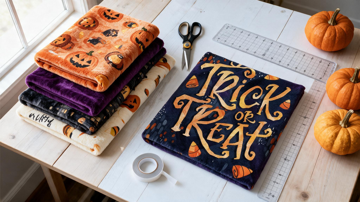 Stacked Halloween print fabrics in orange jack-o-lantern, purple, black and navy trick or treat designs on a white wooden surface with scissors, quilting ruler and orange pumpkins