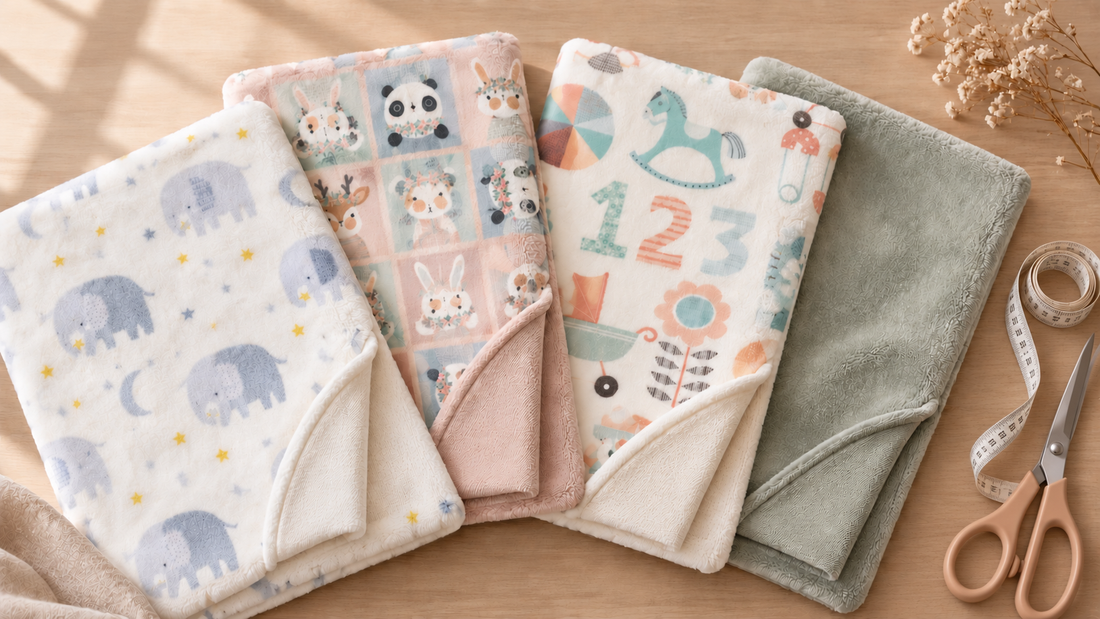 Four folded plush baby blanket fabrics in cream, oatmeal, dusty rose and pale sage, one edge turned back to show the knit backing