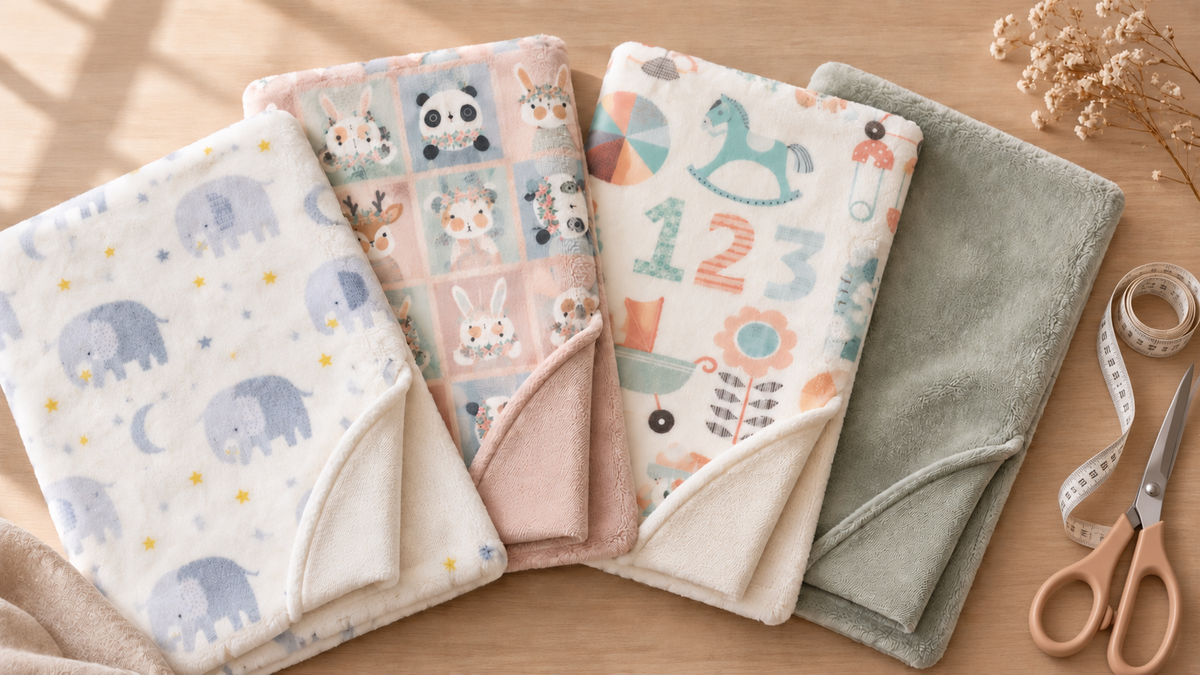Four folded plush baby blanket fabrics in cream, oatmeal, dusty rose and pale sage, one edge turned back to show the knit backing