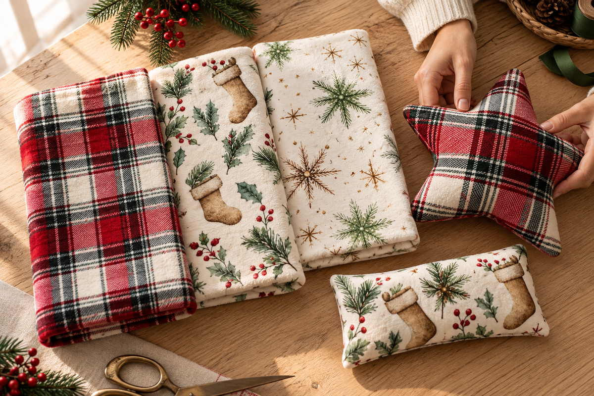 Christmas fabrics in plaid and festive prints with a handmade star pillow on a wooden table.