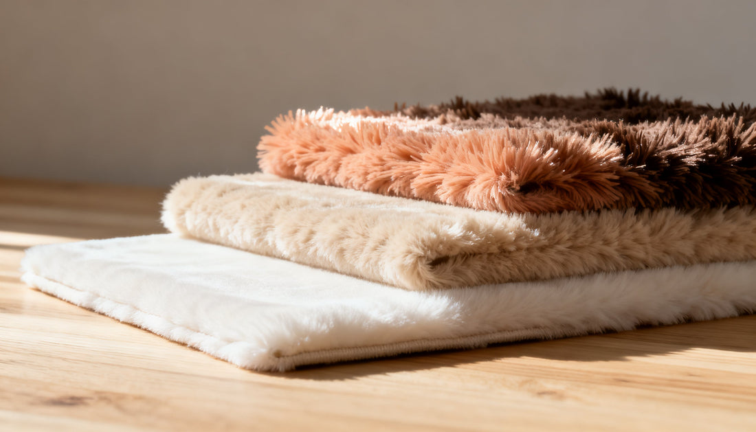 Three cream plush fabric swatches photographed from the side showing short, medium and deep pile heights in profile