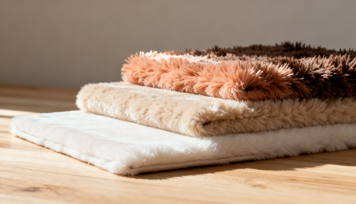 Three cream plush fabric swatches photographed from the side showing short, medium and deep pile heights in profile