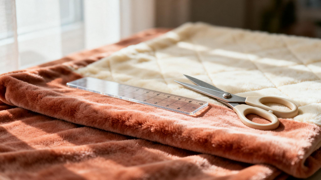 Two layers of plush minky fabric laid back to back with scissors and a quilting ruler
