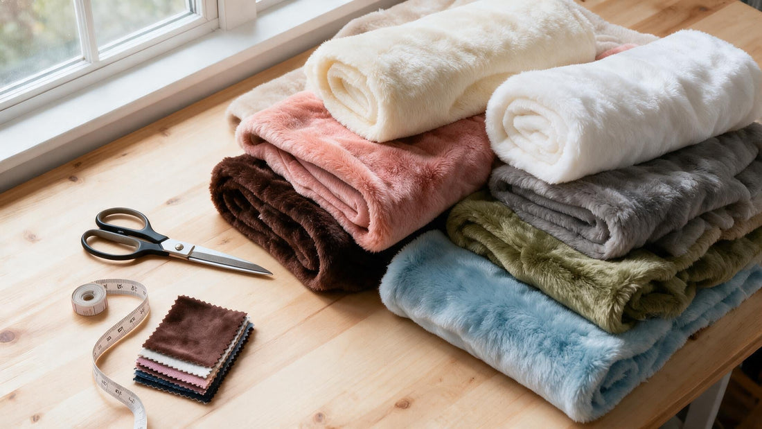 Folded plush minky fabric in cream, rose, sage, grey, brown and blue on a wooden work table with shears and a tape measure.