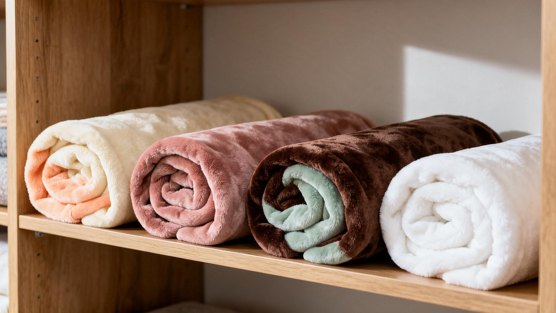 Three rolled minky blankets in cream, rose and sage on a wooden closet shelf