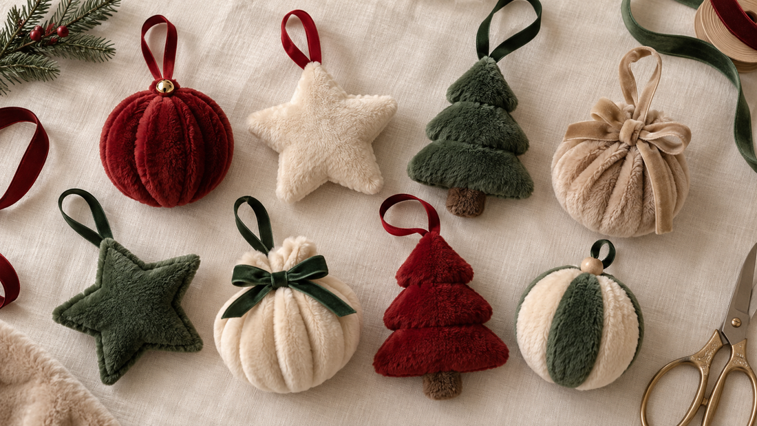 Eight small handmade plush Christmas ornaments in red, green and cream laid out on cream linen