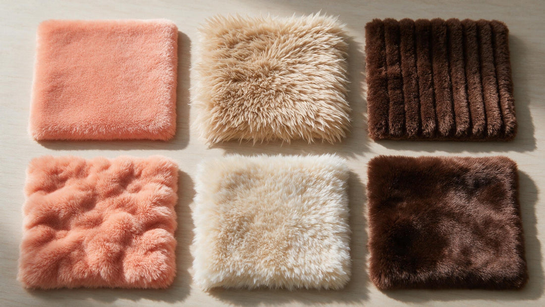 Six plush fabric swatches showing smooth, deep pile, embossed, gathered, frosted and silky surfaces side by side