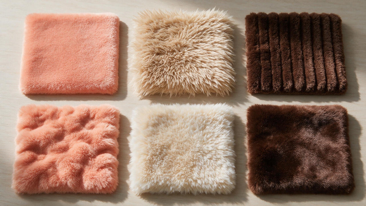 Six plush fabric swatches showing smooth, deep pile, embossed, gathered, frosted and silky surfaces side by side