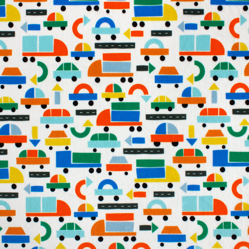 Car shapes minky fabric, colorful block car print swatch