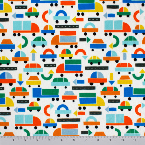 Car shapes printed minky fabric, full-width bolt view