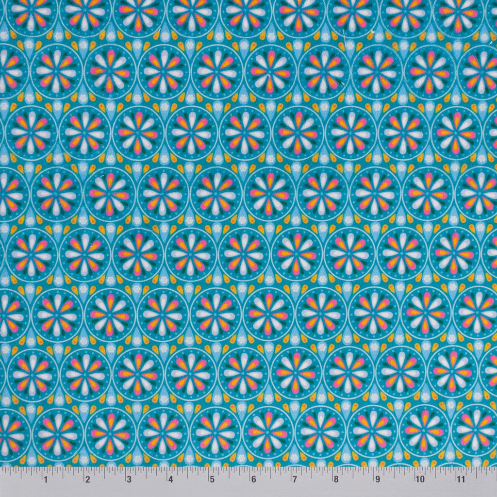 Flower Wheel minky fabric, floral medallion close-up