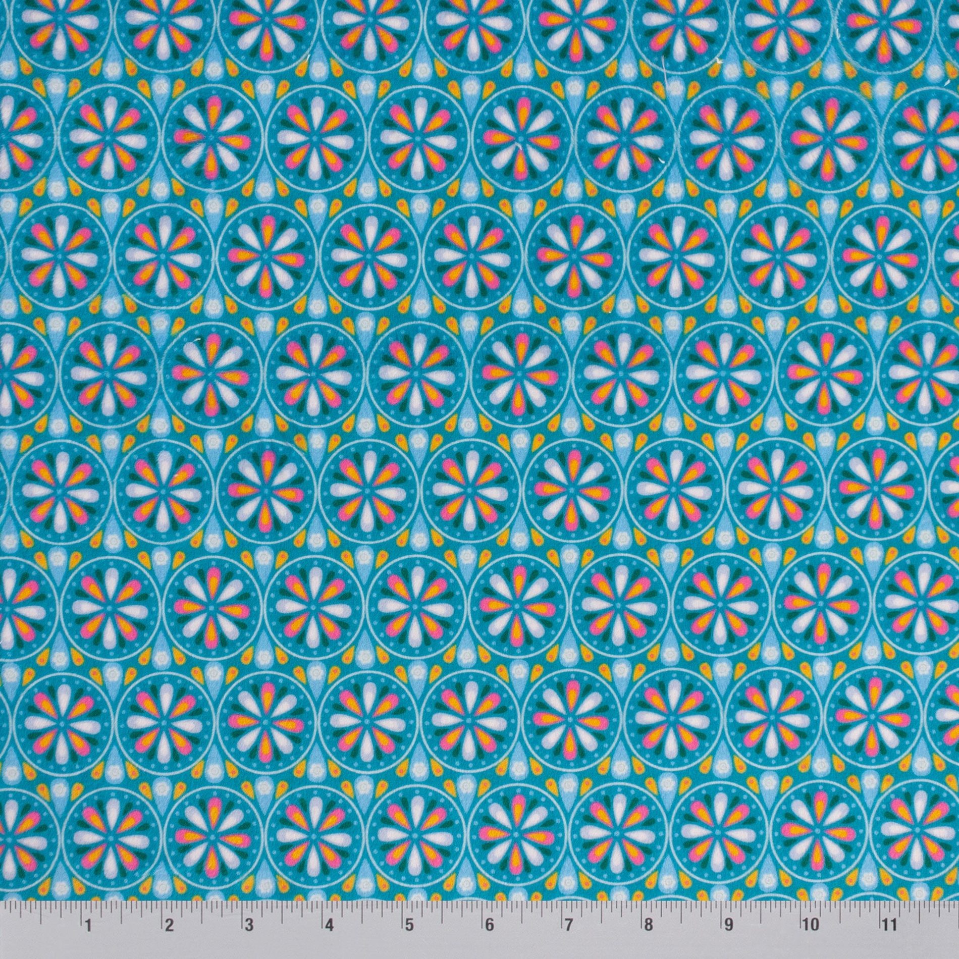 Flower Wheel minky fabric, floral medallion close-up