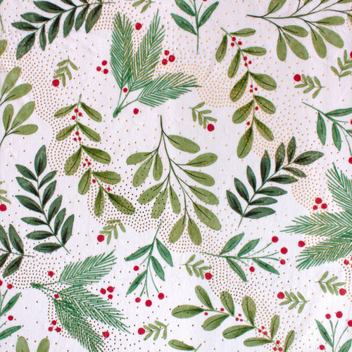 Christmas holly minky fabric, holly leaf print swatch close-up