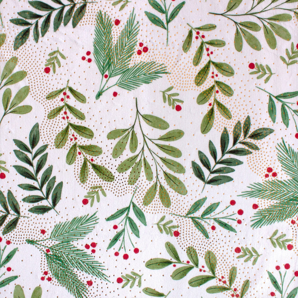Christmas holly minky fabric, holly leaf print swatch close-up