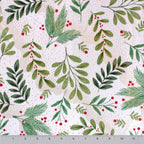 Christmas holly printed minky, green colorway bolt view