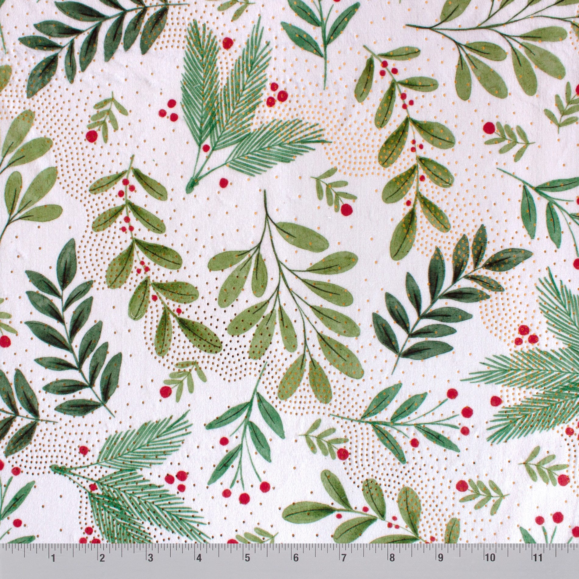Christmas holly printed minky, green colorway bolt view