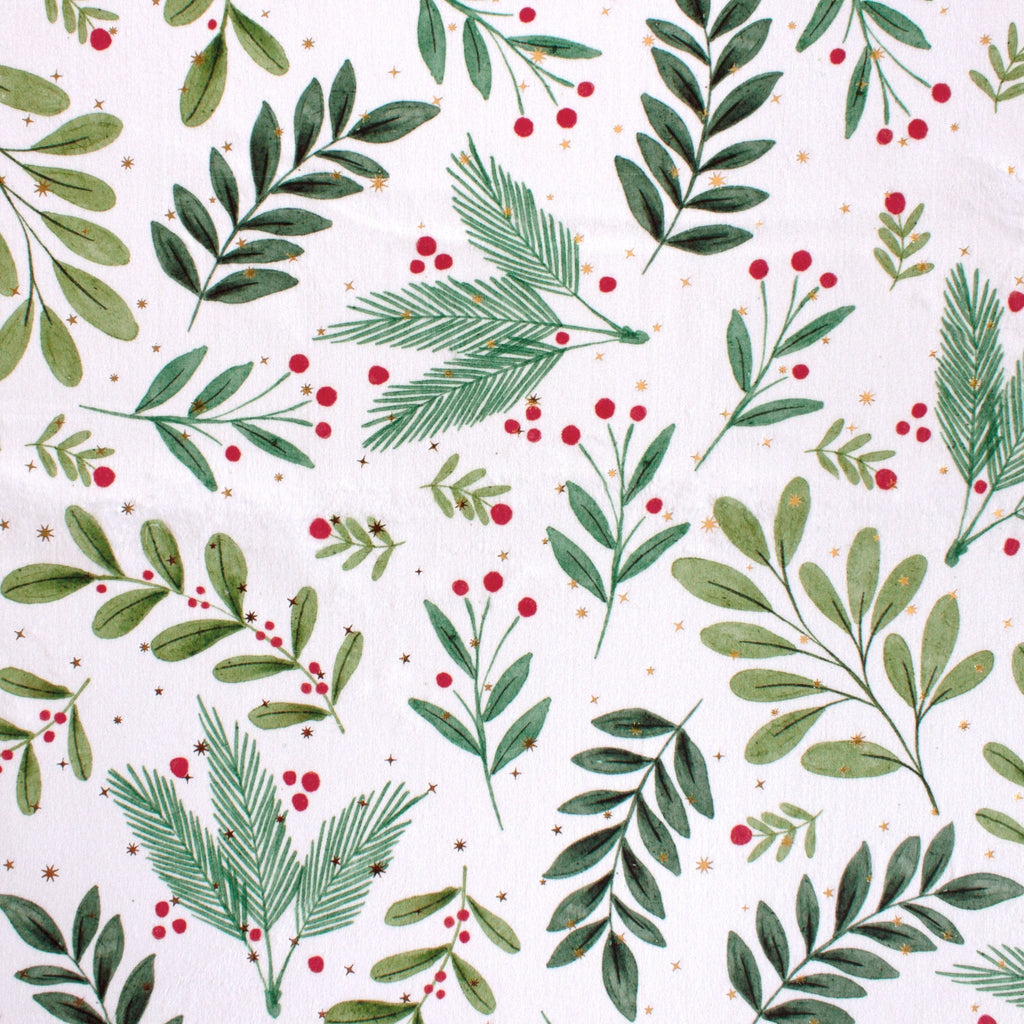 Christmas holly minky, print repeat close-up detail