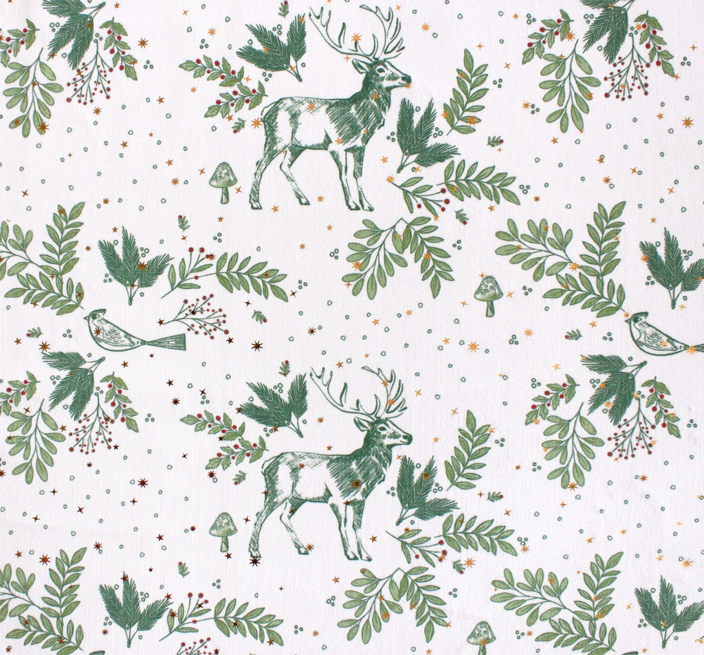 Christmas toile minky fabric, green colorway bolt view