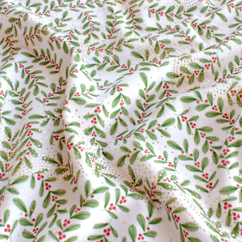 Ditsy Holly minky fabric, Christmas print detail