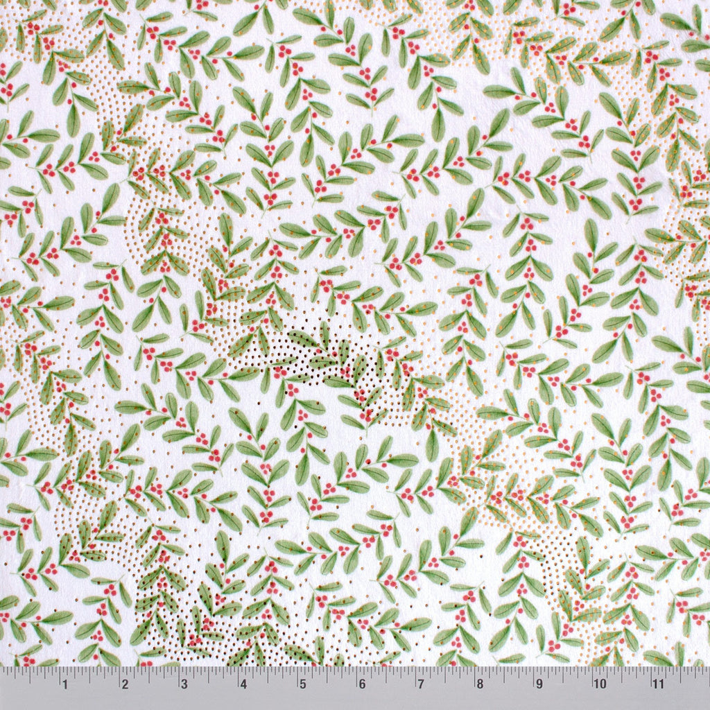 Ditsy Holly minky fabric, holly leaf and berry close-up
