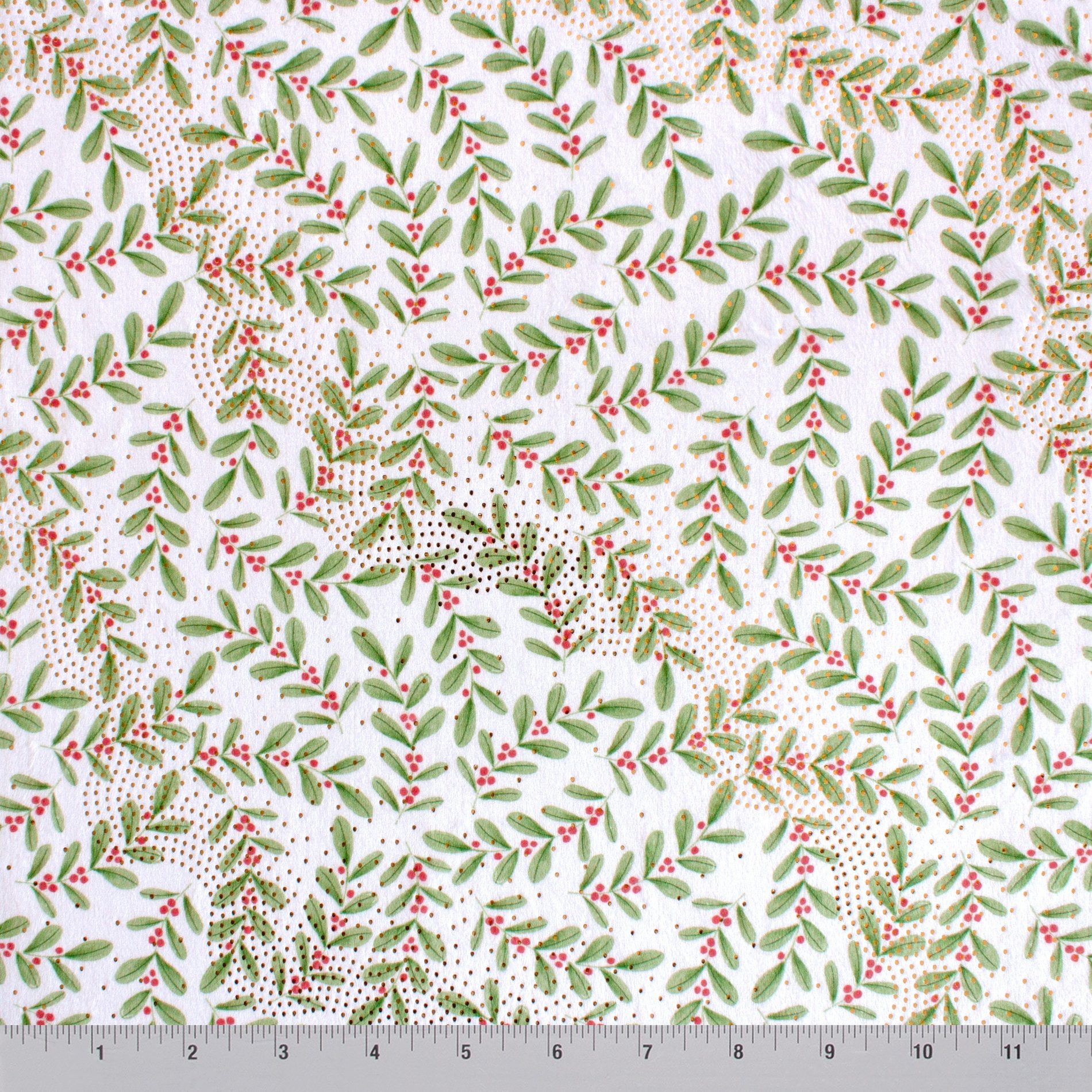Ditsy Holly minky fabric, holly leaf and berry close-up