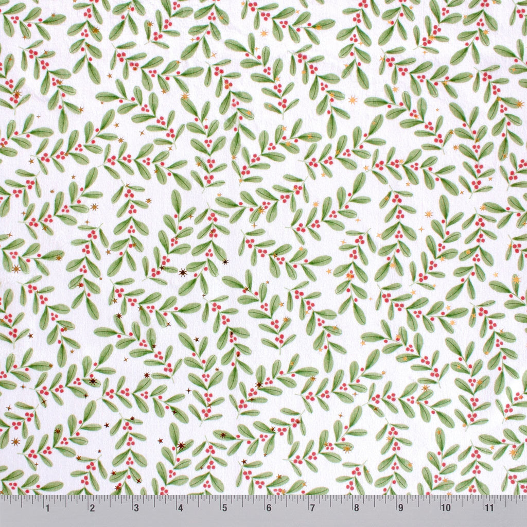 Ditsy Holly minky fabric, full print repeat