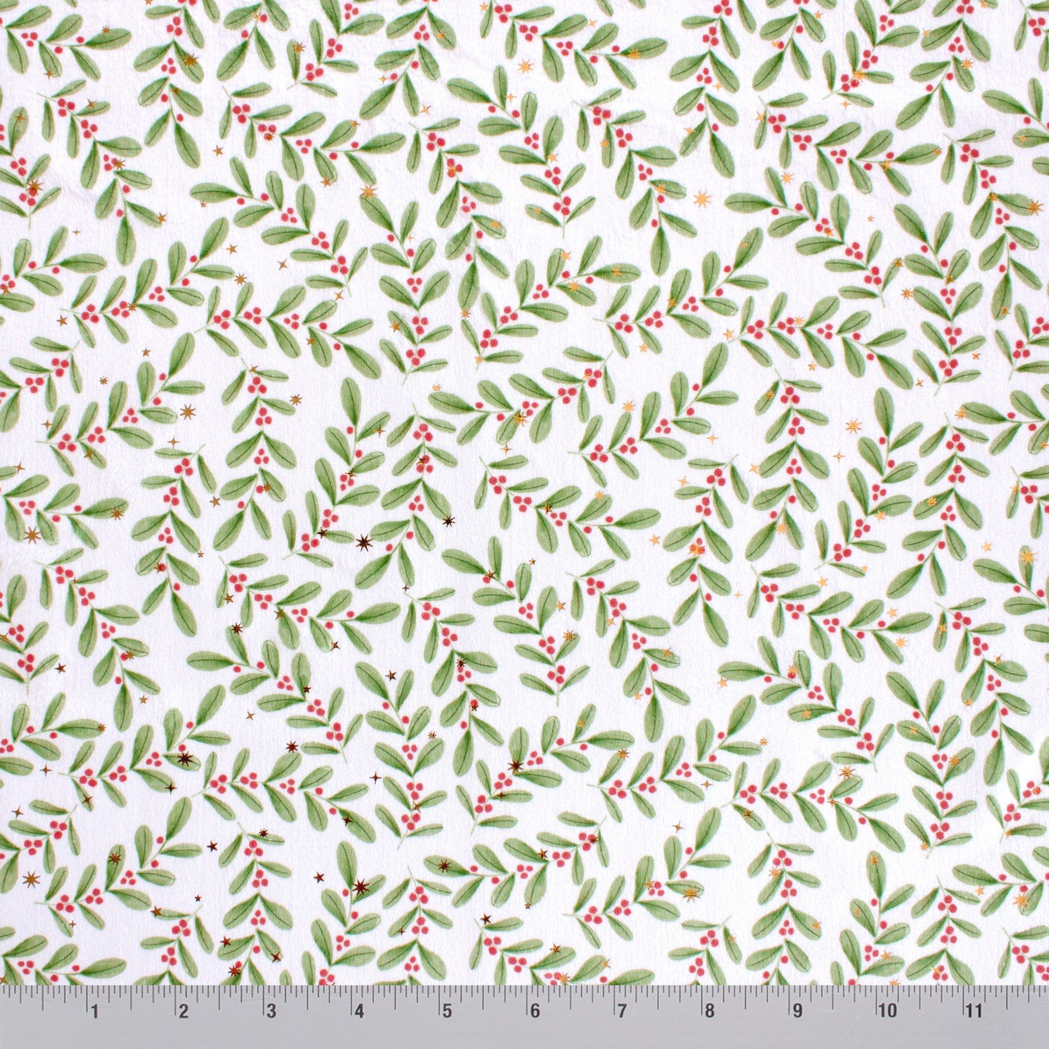 Ditsy Holly minky fabric, full print repeat