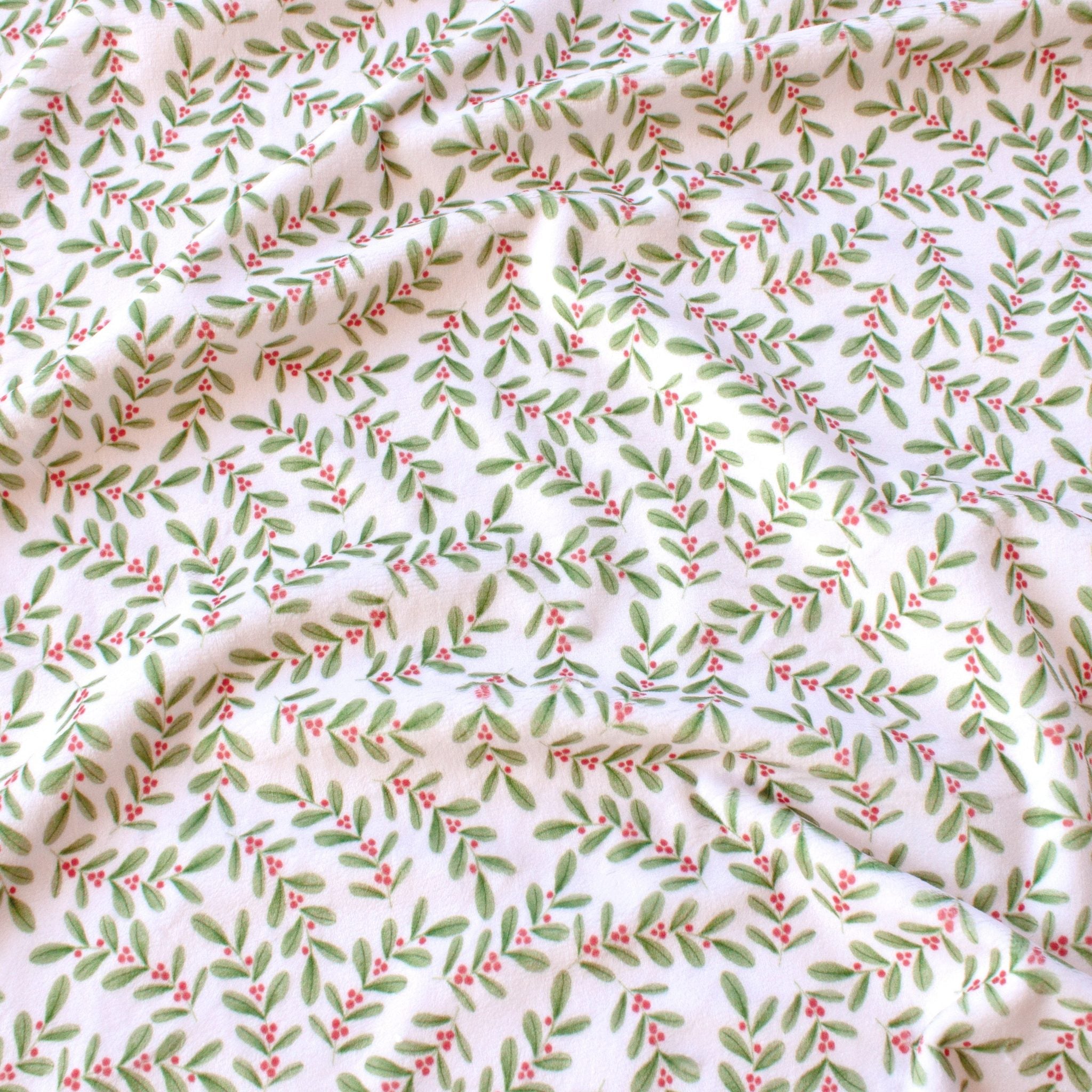 Ditsy Holly minky fabric, print and texture detail