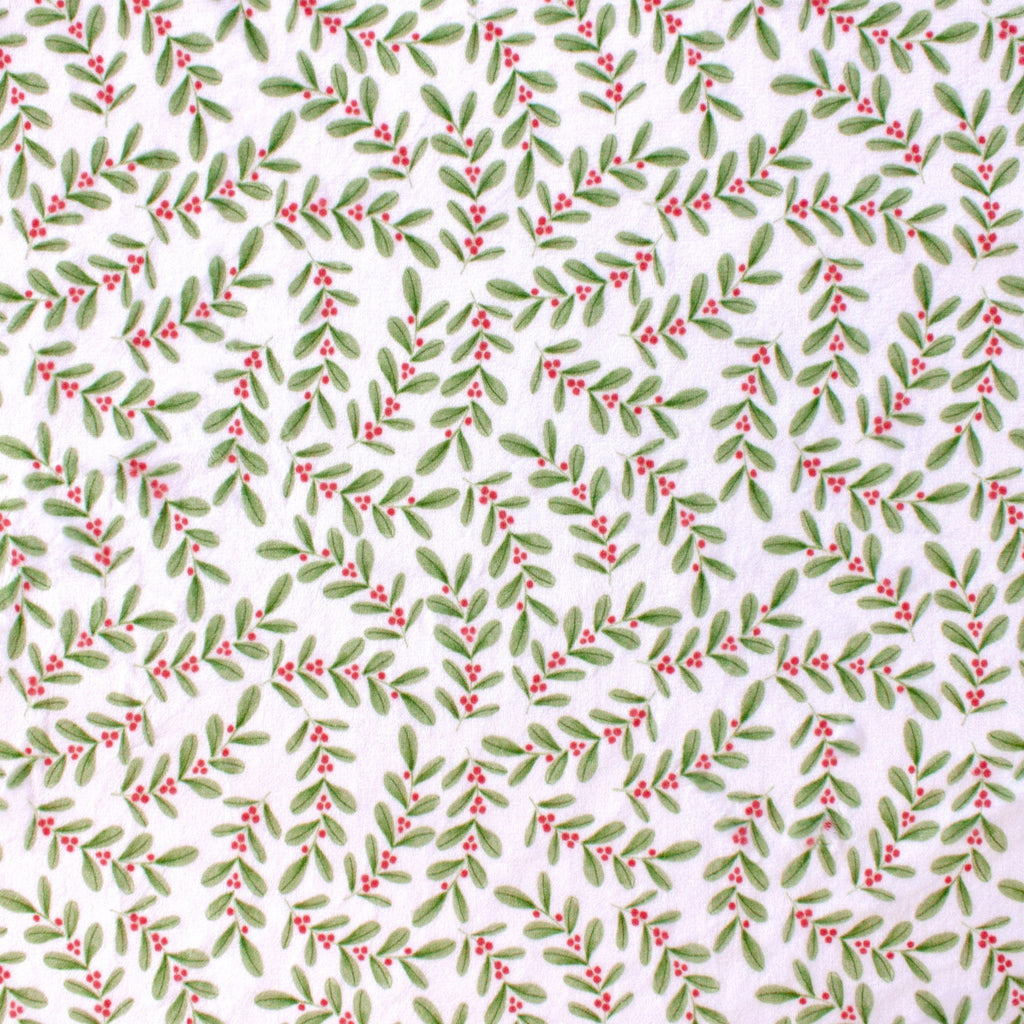 Ditsy Holly minky fabric, holiday print swatch on roll