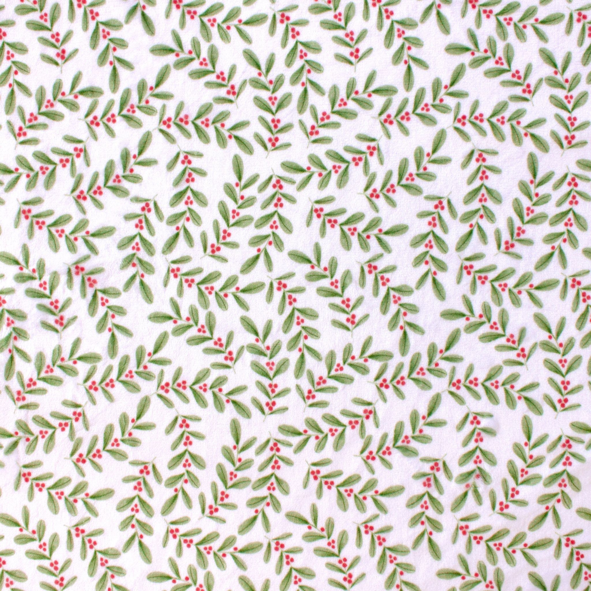 Ditsy Holly minky fabric, holiday print swatch on roll