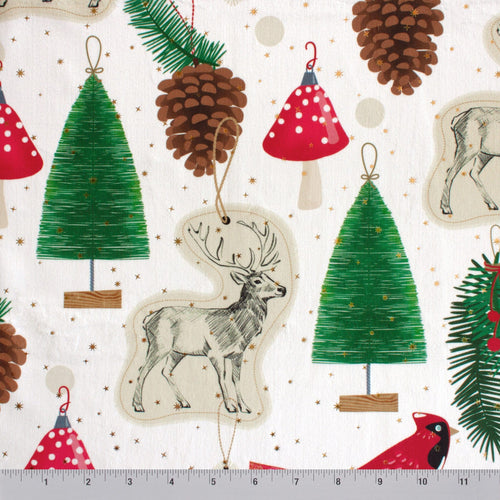 Christmas ornaments printed minky, close-up of ornament and pinecone detail