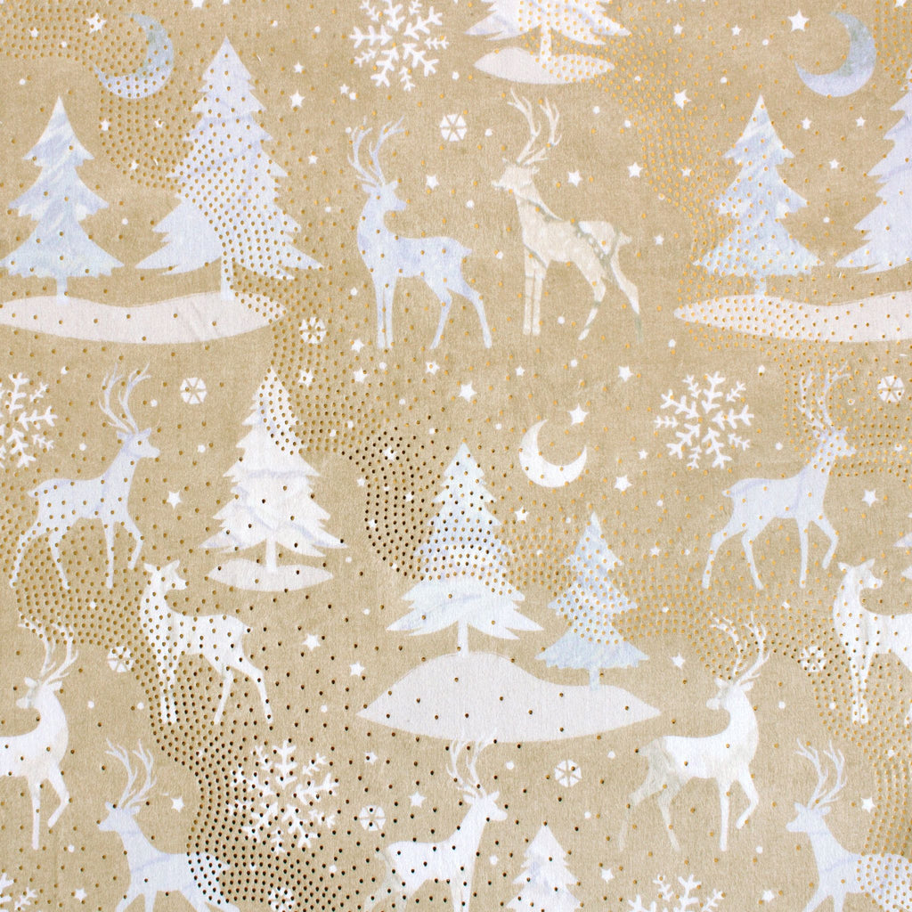 Christmas scene minky fabric, neutral reindeer and snowflake print swatch