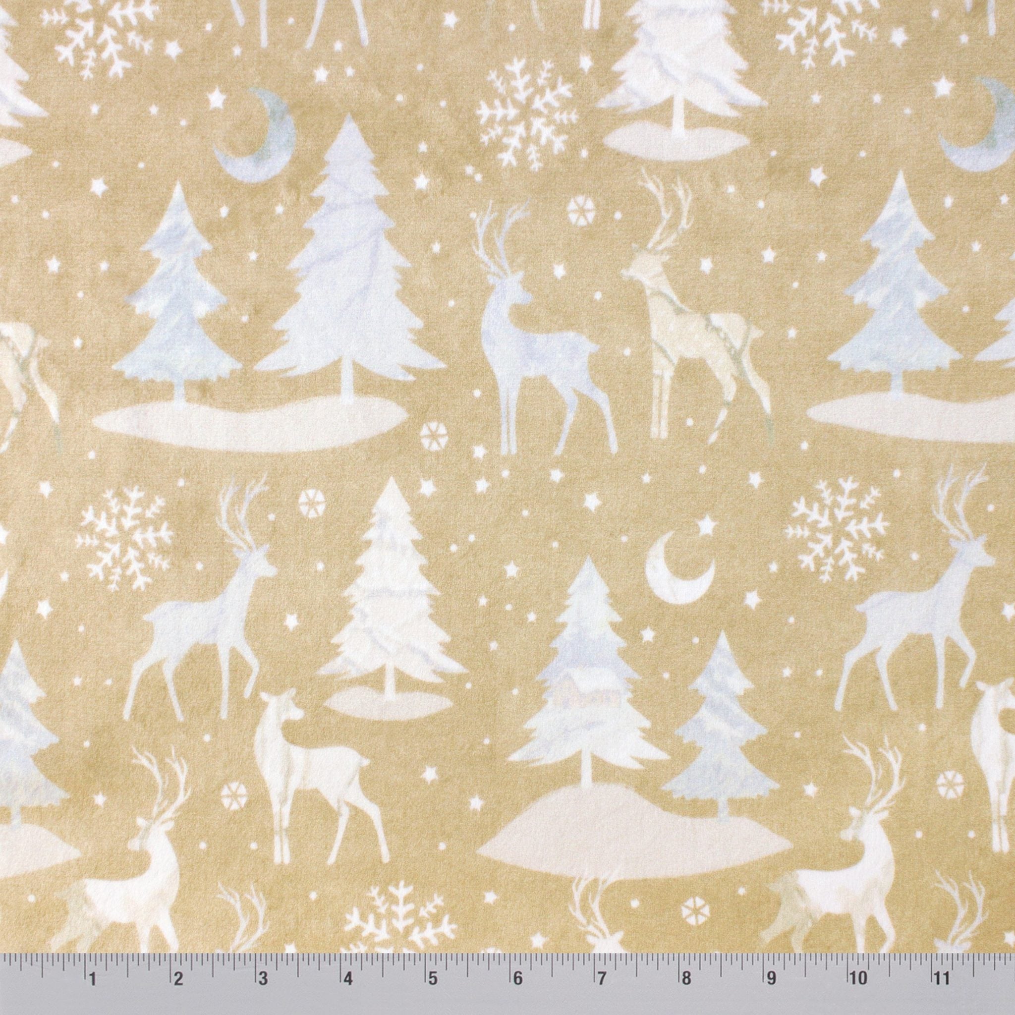 Christmas scene minky fabric, neutral palette wide view