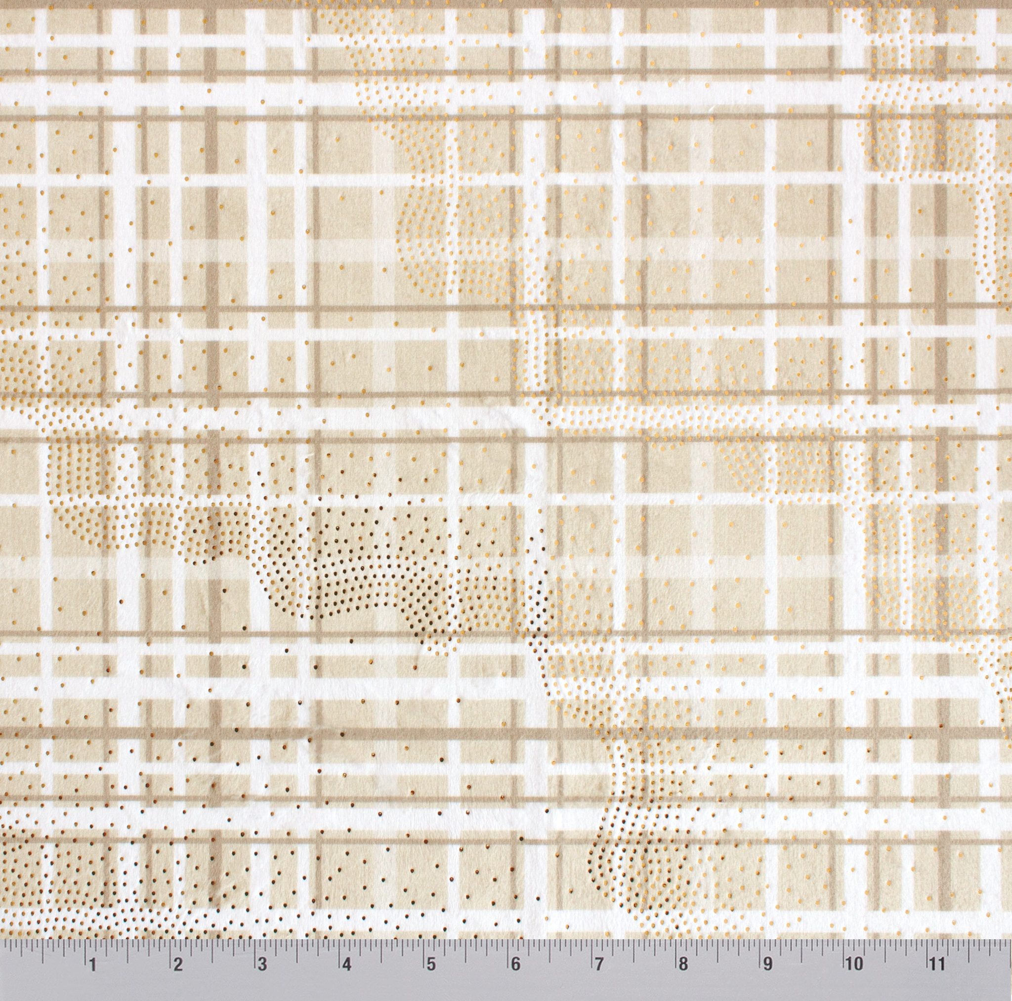 Reindeer plaid minky fabric, close-up of striped white lines and reindeer motif