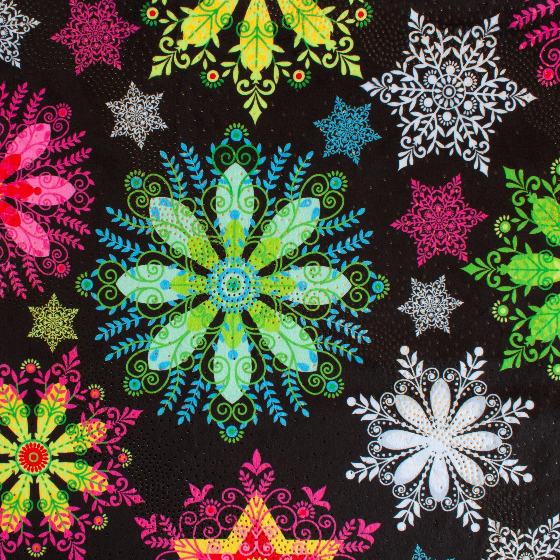 Neon Snowflakes holiday print minky fabric, swatch
