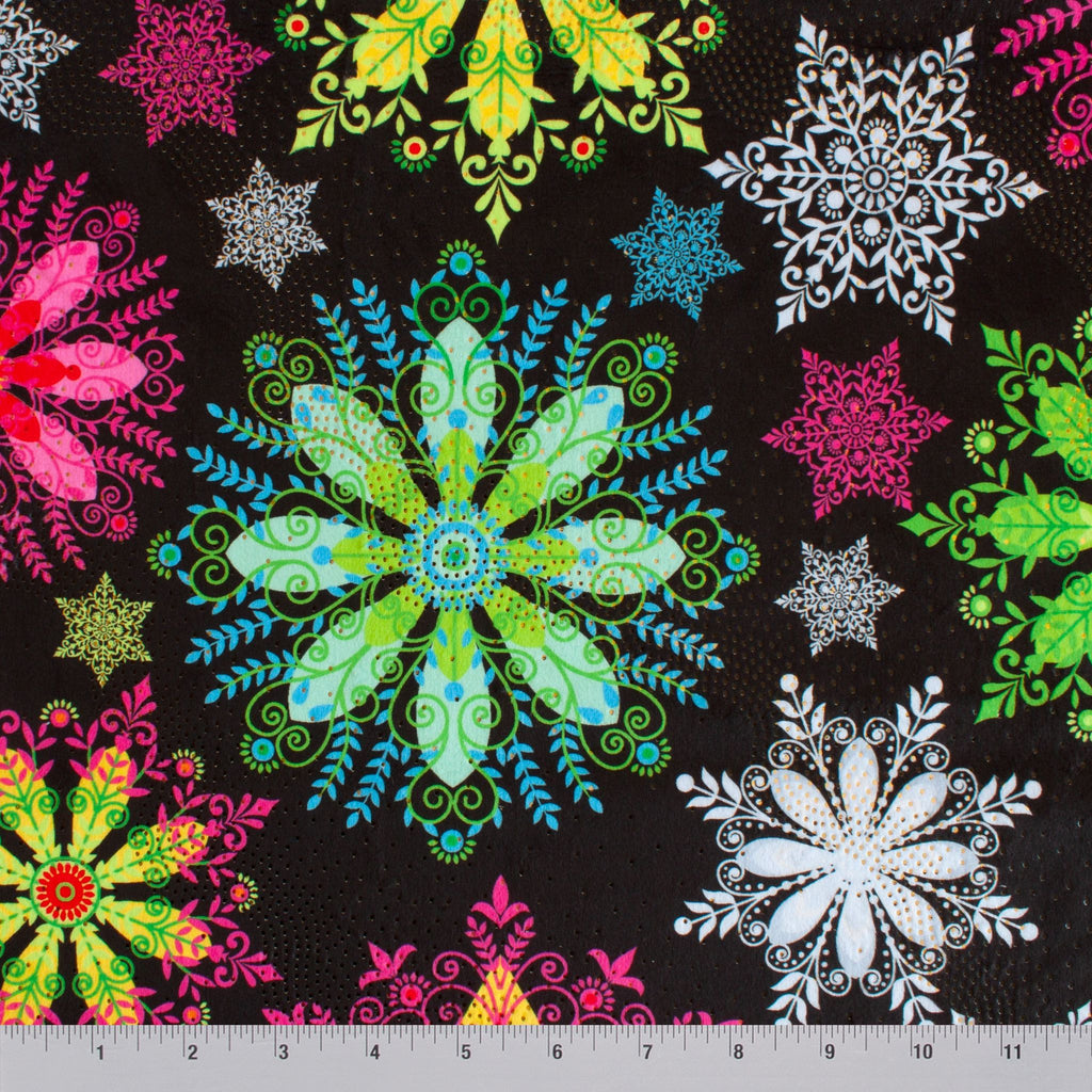 Neon Snowflakes holiday print minky fabric, close-up