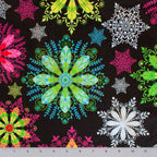 Neon Snowflakes holiday print minky fabric, close-up