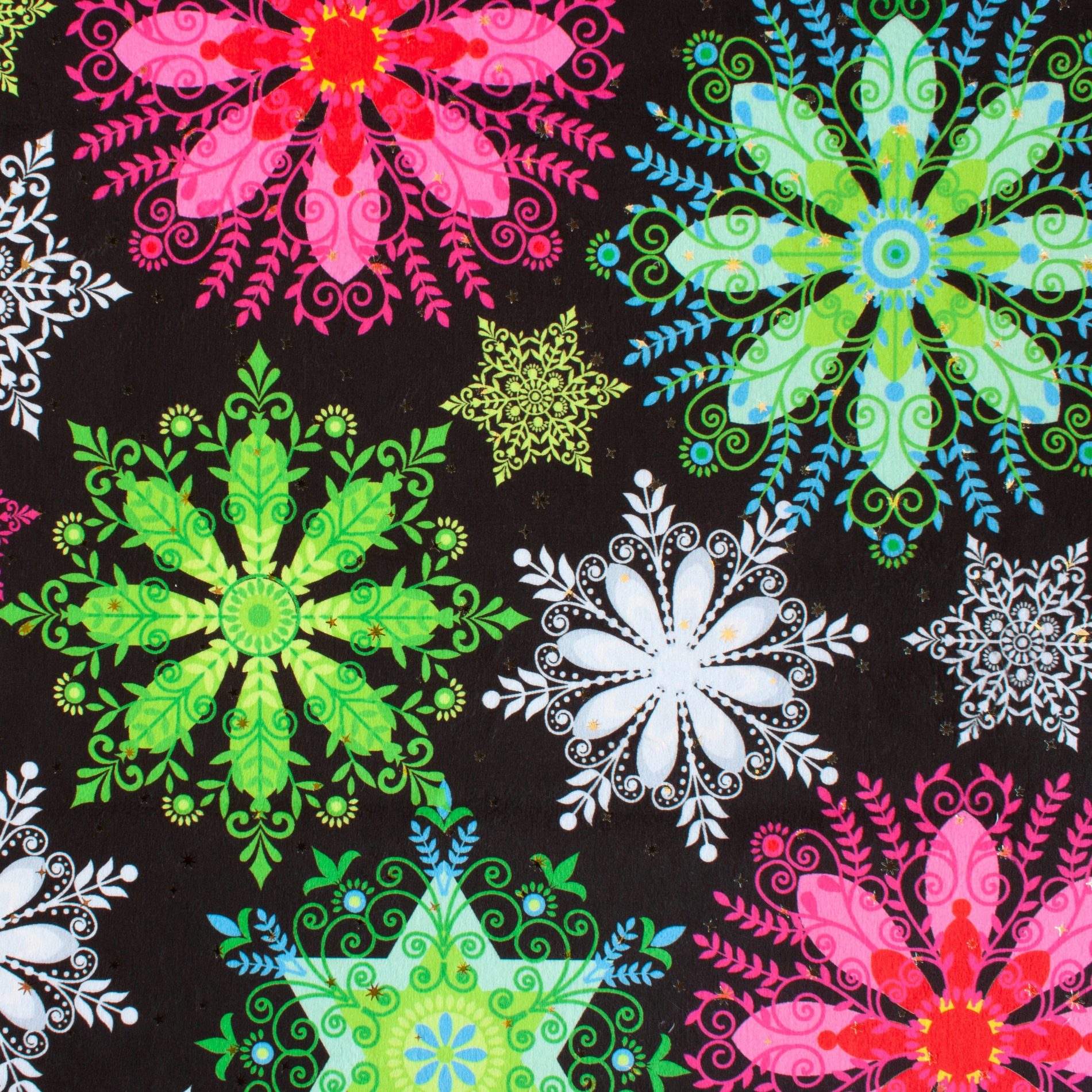 Neon Snowflakes holiday print minky fabric, color detail