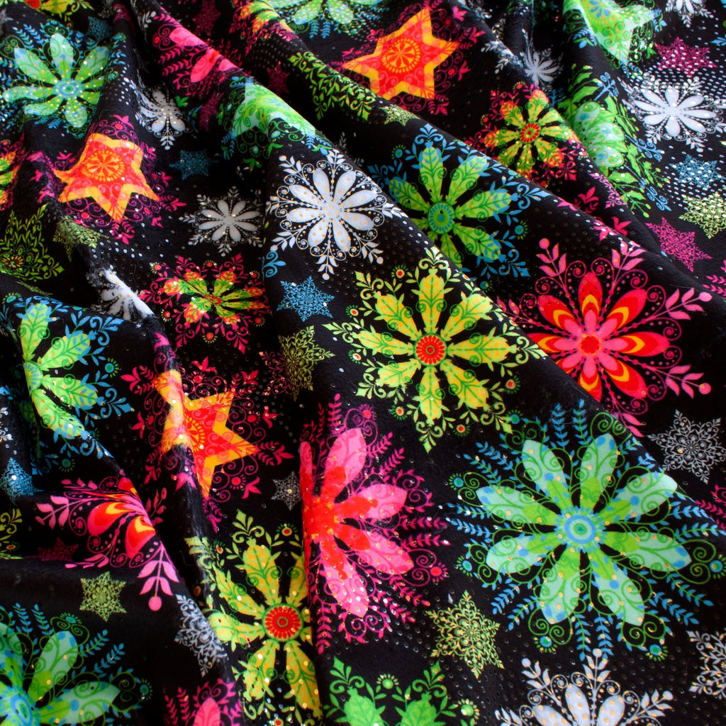 Tiny Neon Snowflakes minky fabric, snowflake print detail