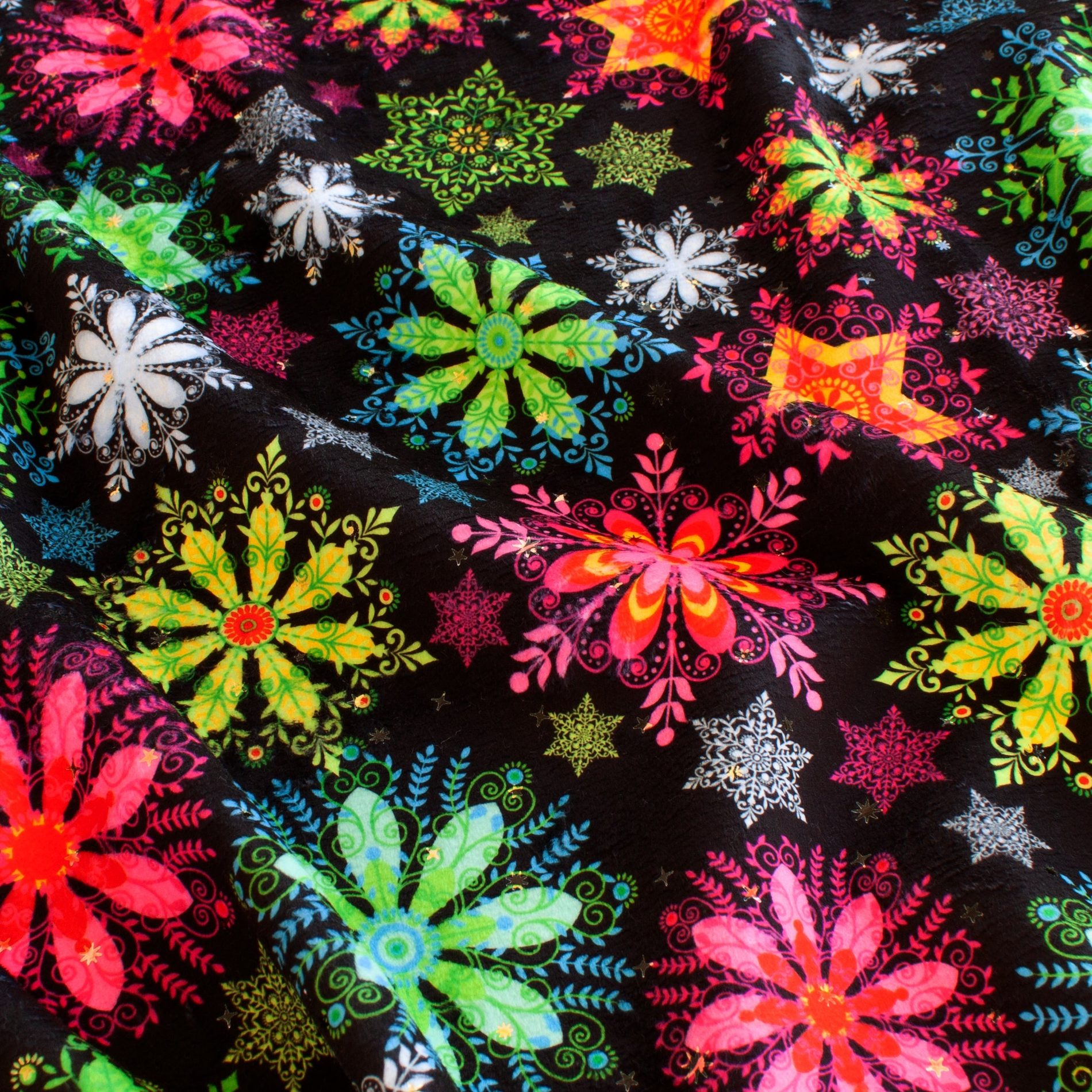 Tiny Neon Snowflakes minky fabric, full print view