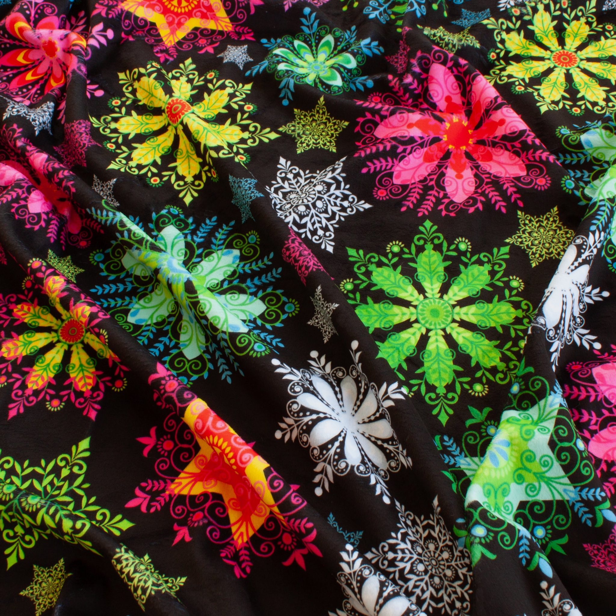 Neon Snowflakes holiday print minky fabric, bolt